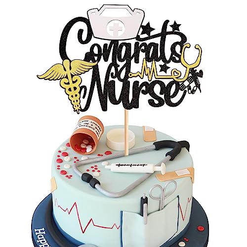 Rsstarxi 1 Packung Congrats Nurse Cake Topper mit Krankenschwester Kappe Glitzer Krankenpflege Abschluss Kuchen Pick Dekoration für medizinische Rn Thema Krankenschwester 2023 Abschluss Geburtstag Party Kuchen Dekorationen Schwarz von Rsstarxi