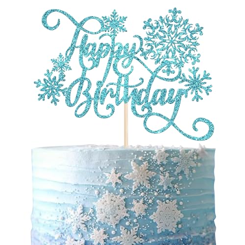 Rsstarxi 1 Packung Schneeflocke Happy Birthday Cake Topper Glitzer Winter Frozen Thema Kuchen Pick für Schneeflocke Thema Baby Shower Geburtstag Party Kuchen Dekorationen Blau von Rsstarxi