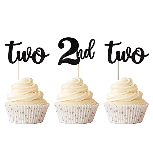 Rsstarxi 24 Stück 2 Cupcake-Topper Glitzer 2. Geburtstag Cupcake Picks für Babyparty Zweitgeburtstag Party Kuchen Dekorationen Zubehör Schwarz von Rsstarxi