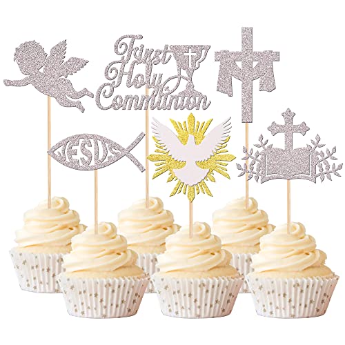 Rsstarxi 24 Stück Erstkommunion Cupcake Topper Kreuz Taube Engel Gott Segen Cupcake Picks Christliche Taufe Kuchen Dekorationen für Erstkommunion Babyparty Geburtstag Party Supplies Silber von Rsstarxi