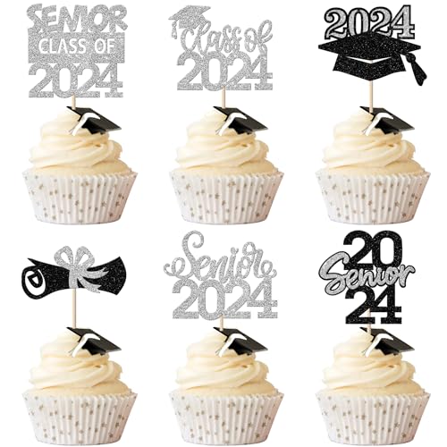 Rsstarxi 24 Stück Glitzer 2023 Abschluss Cupcake Topper Senior Klasse 2023 Kappe Diplom Cupcake Picks Dekorationen für Senior 2023 Abschluss Thema Party Kuchen Dekorationen Silber von Rsstarxi