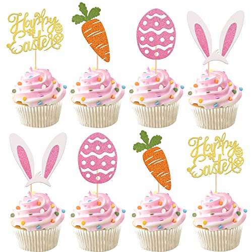 Rsstarxi 24 Stück Glitzer Happy Easte Cupcake Topper Karotte Kaninchen Osterei Dekor Cupcake Picks für Hasenohren Frohe Ostern Thema Babyparty Frühling Thema Geburtstag Ostern Party Kuchen Dekorationen von Rsstarxi