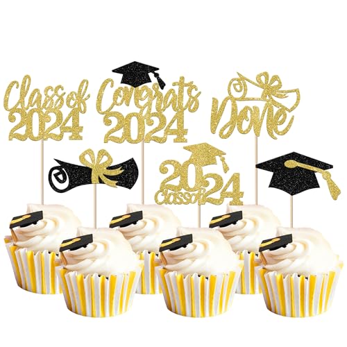 Rsstarxi 24 Stück Gold Glitter 2023 Abschluss Cupcake Topper Congrats Grade Cap Done Diplom Klasse of 2023 Abschluss Cupcake Picks für 2023 Abschluss Party Kuchen Dekorationen von Rsstarxi