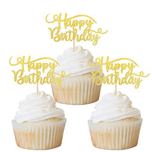 Rsstarxi 24 Stück "Happy Birthday" Cupcake-Topper Gold Glitter Geburtstag Cupcake Essen Picks zum Feiern Happy Birthday Party Kuchen Dekorationen Supplies von Rsstarxi