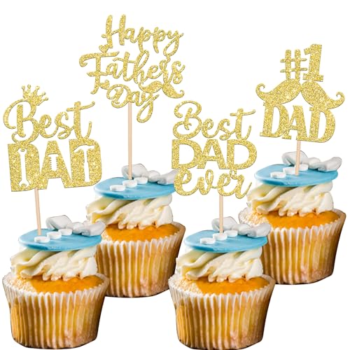 Rsstarxi 24 Stück Happy Father's Day Cupcake Topper Glitter Best Dad Ever #1 Dad Cupcake Picks Tool Construction Cake Decorations for Happy Father's Day Dad Birthday Party Supplies Gold von Rsstarxi