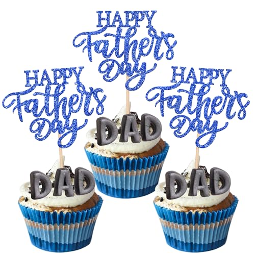 Rsstarxi 24 Stück Happy Father's Day Cupcake Topper Glitter Love Daddy Best Father Super Dad Cupcake Picks for Happy Father's Day Birthday Party Cake Decorations Supplies Blue von Rsstarxi