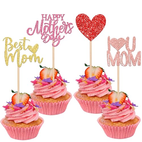 Rsstarxi 24 Stück Happy Mother's Day Cupcake-Topper Glitzer Herz Best Mom I Love You Mom Cupcake Picks Dekorationen für Happy Mother's Day Geburtstag Party Kuchen Dekorationen mehrfarbig von Rsstarxi