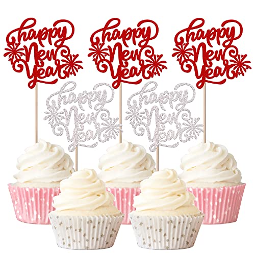 Rsstarxi 24 Stück Happy New Year 2023 Cupcake Toppers Glitzer Feuerwerk Welcome 2023 Cheers to 2023 New Year Cupcake Picks for Hello 2023 Happy New Year Eve Party Kuchen Dekorationen Silber und Rot von Rsstarxi