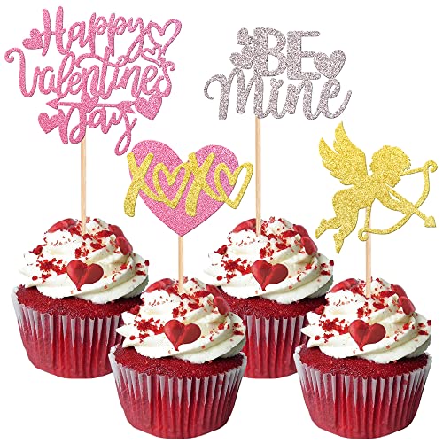 Rsstarxi 24 Stück Happy Valentine's Day Cupcake-Topper Glitzer Liebe Herz Amor Be Mine Cupcake Picks Dekorationen für Valentinstag Brautdusche Jahrestag Party Zubehör Mehrfarbig von Rsstarxi