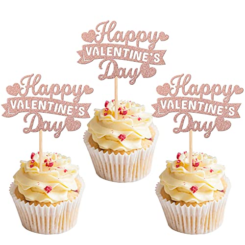 Rsstarxi 24 Stück Happy Valentine's Day Cupcake Topper Glitzer Sweet Love Cupcake Picks Valentinstag Kuchen Dekorationen für Hochzeit Verlobung Brautdusche Geburtstag Party Supplies Rose Gold von Rsstarxi