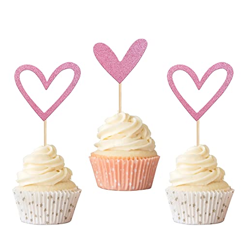 Rsstarxi 24 Stück Herz Cupcake Topper Glitzer Sweet Love Valentinstag Cupcake Picks Hochzeit Verlobung Brautdusche Kuchen Dekorationen für Valentinstag Thema Babyparty Geburtstag Party Rosa von Rsstarxi