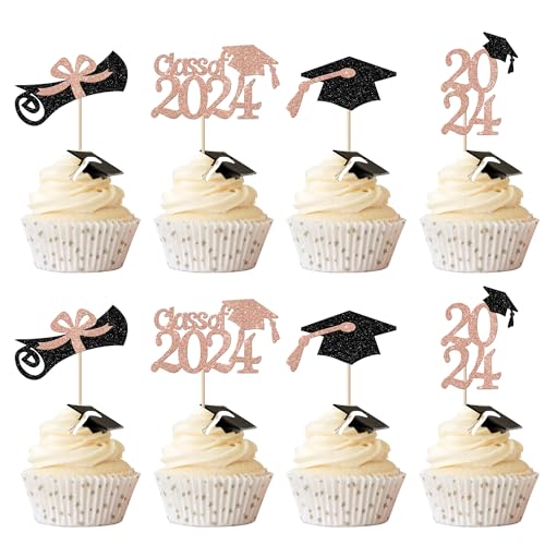 Rsstarxi 24 Stück Klasse 2023 Abschlussfeier Cupcake Topper Glitzer 2023 Abschlusskappe Diplom Cupcake Picks für 2023 Abschluss Thema Party Kuchen Dekorationen Roségold von Rsstarxi