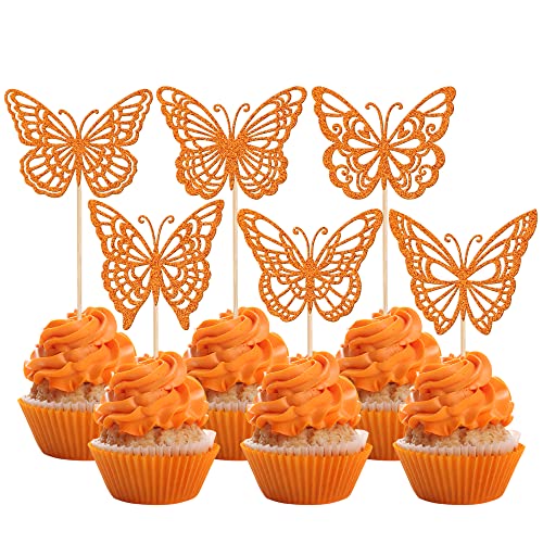 Rsstarxi 24 Stück Laser 3D Schmetterling Cupcake Topper Hohl Kunst Schmetterling Kuchen Dekorationen für Babyparty Hochzeit Fee Geburtstag Party Supplies Schmetterling Wandaufkleber Dekoration Supplies Orange von Rsstarxi