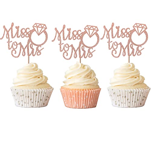 Rsstarxi 24 Stück Miss to Mrs Cupcake Topper Glitzer Ring Hochzeit Verlobung Cupcake Picks Brautdusche Kuchen Dekorationen für Verlobung Jahrestag Thema Party Supplies Roségold von Rsstarxi