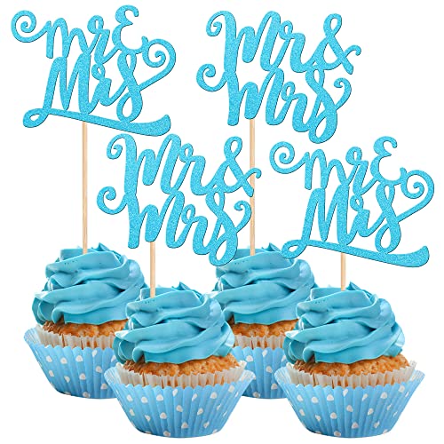 Rsstarxi 24 Stück Mr & Mrs Cupcake-Topper Glitzer Hochzeit Verlobung Cupcake Picks für Brautdusche Verlobung Thema Party Kuchen Dekorationen Zubehör Blau von Rsstarxi