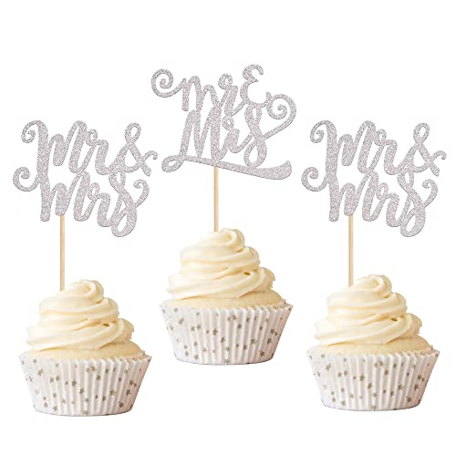 Rsstarxi 24 Stück Mr & Mrs Cupcake-Topper Glitzer Hochzeit Verlobung Cupcake Picks für Brautdusche Verlobung Thema Party Kuchen Dekorationen Zubehör Silber von Rsstarxi