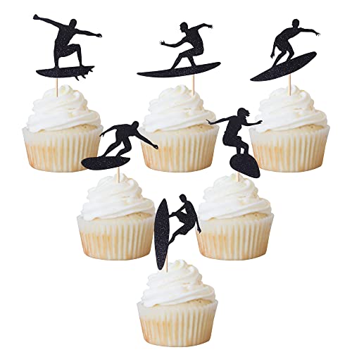 Rsstarxi 24 Stück Surfen Cupcake Topper Glitzer Schwarz Surfer Surfbrett Cupcake Picks Surfen Thema Feier Geburtstag Babyparty Party Kuchen Dekorationen Zubehör von Rsstarxi