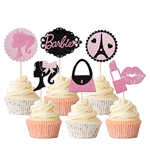 Rsstarxi 24 Stück rosa und schwarz Mädchen Cupcake Topper Glitzer Lippen Handtasche Fliege Lippenstift Liebe Turm Prinzessin Cupcake Picks für Hochzeit Jahrestag Mädchen Geburtstag Party Kuchen Dekorationen Zubehör von Rsstarxi