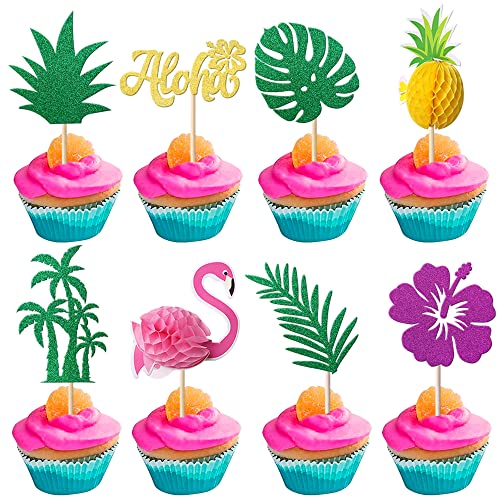 Rsstarxi 24 Stück tropische Cupcake-Topper Glitzerblatt Ananas Flamingo Cupcake Picks Aloha Hawaiian Luau Kuchen Dekorationen für Sommer Aloha Thema Babyparty Geburtstag Hochzeit Party Dekor von Rsstarxi