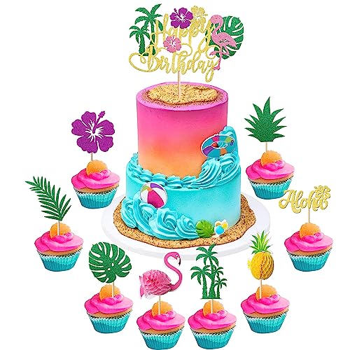 Rsstarxi 25 Stück tropische Luau Cupcake Topper mit Happy Birthday Flamingo Kuchen Topper Palme Flamingo Ananas Cupcake Picks Dekorationen für Sommer Strand Hawaii Luau Geburtstag Party Dekoration von Rsstarxi