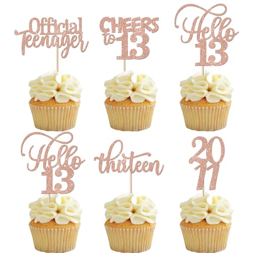 Rsstarxi 30 Stück Cupcake-Topper zum 13. Geburtstag Glitzer seit 2009 Hello 13 Thirteen Offizielle Teenager Cheers to 13 Years Cupcake Picks for 13th Birthday Party Cake Decorations Supplies Rose Gold von Rsstarxi