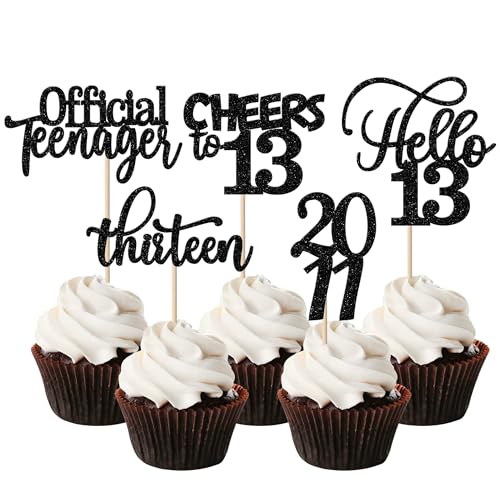 Rsstarxi 30 Stück Happy 13th Birthday Cupcake Toppers Black Glitter Thirteen Double Digits Since 2009 Hello 13 Cupcake Picks Cheers to 13 Years Old Cake Decorations for 13th Birthday Anniversary Party Supplies von Rsstarxi