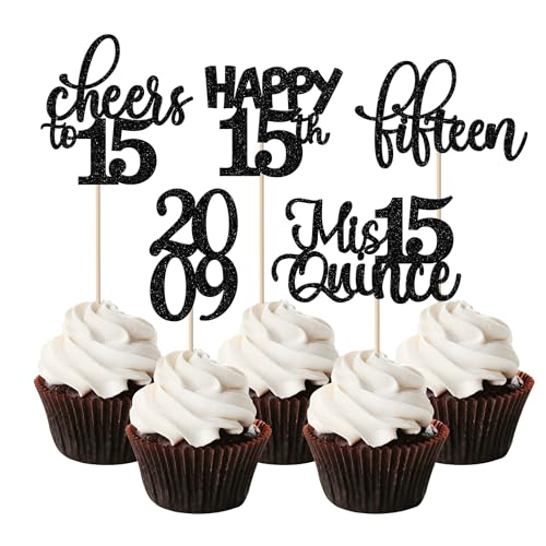 Rsstarxi 30 Stück Happy 15th Birthday Cupcake Toppers Black Glitter Fifteen Double Digits Since 2007 Hello 15 Cupcake Picks Cheers to 15 Years Old Cake Decorations for 15th Birthday Anniversary Party Supplies von Rsstarxi