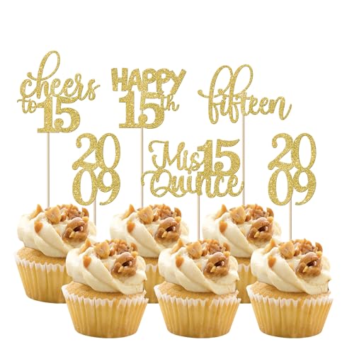 Rsstarxi 30 Stück Happy 15th Birthday Cupcake Toppers Glitter Double Digits Since 2007 Hello 15 Fifteen Cheers to 15 Years Old Birthday Cupcake Picks for 15th Birthday Party Cake Decorations Supplies Gold von Rsstarxi