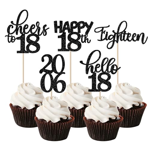 Rsstarxi 30 Stück Happy 18th Birthday Cupcake Toppers Black Glitter Eighteen Double Digits Since 2004 Hello 18 Cupcake Picks Cheers to 18 Years Old Cake Decorations for 18th Birthday Anniversary Party Supplies von Rsstarxi