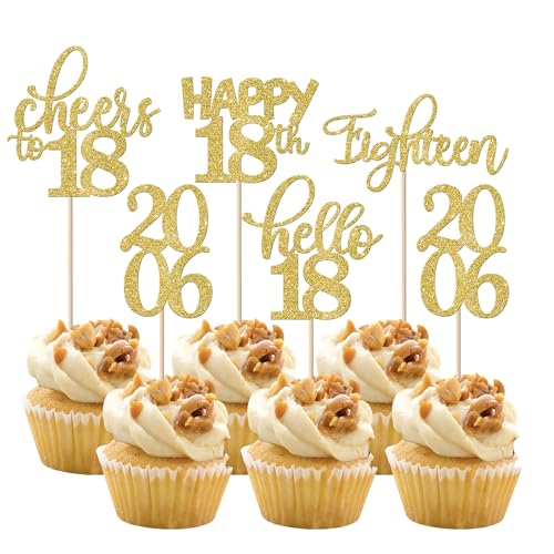 Rsstarxi 30 Stück Happy 18th Birthday Cupcake Toppers Glitter Double Digits Since 2004 Hello 18 Eighteen Cheers to 18 Years Old Birthday Cupcake Picks for 18th Birthday Party Cake Decorations Supplies Gold von Rsstarxi