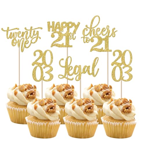 Rsstarxi 30 Stück Happy 21th Birthday Cupcake Topper Glitter Double Digits Since 2001 Hello 21 Twenty One Cheers to 21 Years Old Birthday Cupcake Picks for 21th Birthday Party Cake Decorations Supplies Gold von Rsstarxi