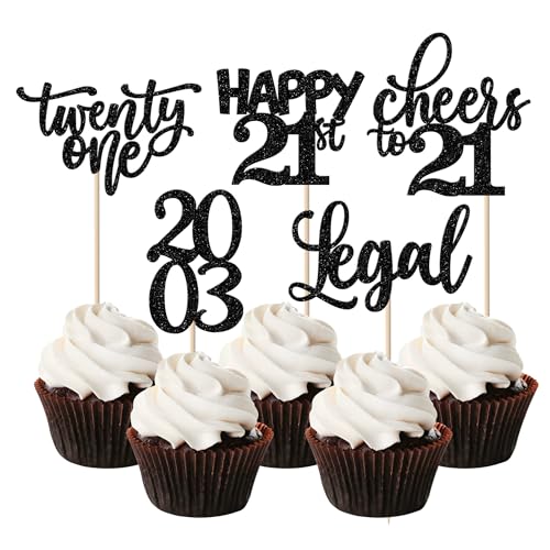 Rsstarxi 30 Stück Happy 21th Birthday Cupcake Toppers Black Glitter Twenty One Double Digits Since 2001 Hello 21 Cupcake Picks Cheers to 21 Years Old Cake Decorations for 21th Birthday Anniversary Party Supplies von Rsstarxi