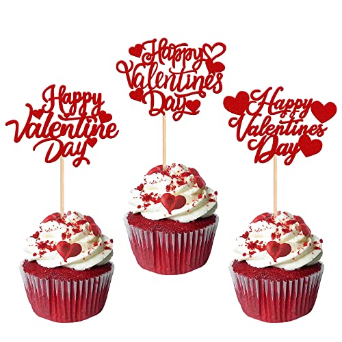 Rsstarxi 30 Stück Happy Valentine's Day Cupcake Topper Glitzer Liebe Herz Cupcake Picks für Valentinstag Thema Hochzeit Verlobung Valentinstag Party Kuchen Dekorationen Zubehör Rot von Rsstarxi