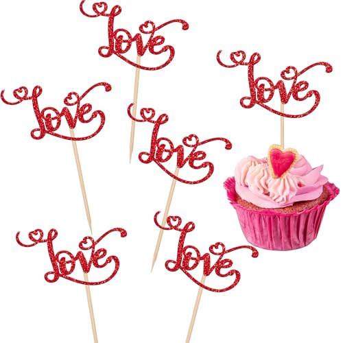 Rsstarxi 30 Stück Love Valentinstag Cupcake Topper Rot Glitter Love Heart Cupcake Picks Hochzeit Verlobung Kuchen Dekorationen für Valentinstag Thema Brautdusche Party Zubehör von Rsstarxi