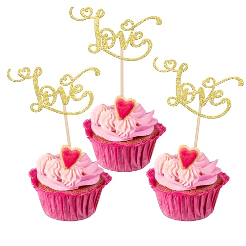 Rsstarxi 30 Stück Love Valentinstag Cupcake Topper rosa Glitzer Liebe Herz Hochzeit Verlobung Cupcake Picks für Valentinstag Thema Brautdusche Jahrestag Party Kuchen Dekorationen von Rsstarxi