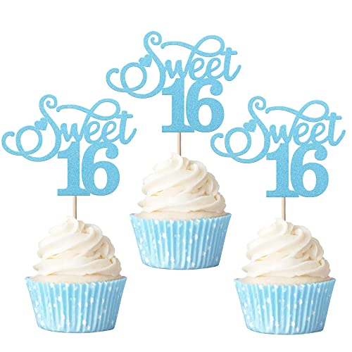 Rsstarxi 30 Stück süße 16 Cupcake-Topper Glitzer Liebe Herz Sechzehn Cupcake Picks Cheers to 16 Years Old Kuchen Dekorationen für 16. Geburtstag, Hochzeit, Jahrestag, Partyzubehör, Blau von Rsstarxi