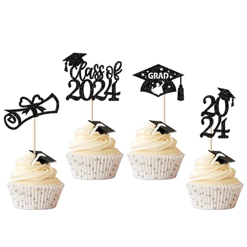 Rsstarxi 36 Stück 2023 Abschluss-Thema Cupcake Topper Glitzer Klasse 2023 Abschlusskappe Diplom Cupcake Picks für 2023 Abschluss Thema Party Kuchen Dekorationen Schwarz von Rsstarxi