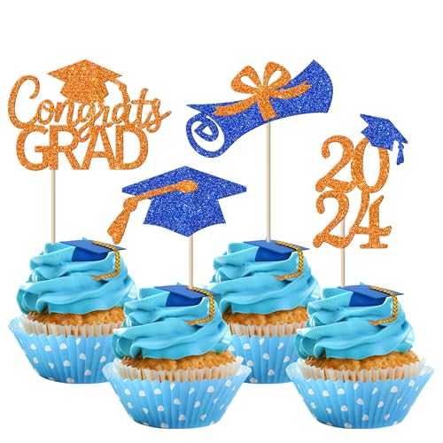 Rsstarxi 36 Stück Glitzer 2023 Abschluss Cupcake Topper Congrats Grade 2023 Diplom Cap Cupcake Lebensmittel Picks Klasse 2023 Kuchendekorationen für Grad 2023 Abschluss Party Supplies Orange Blau von Rsstarxi