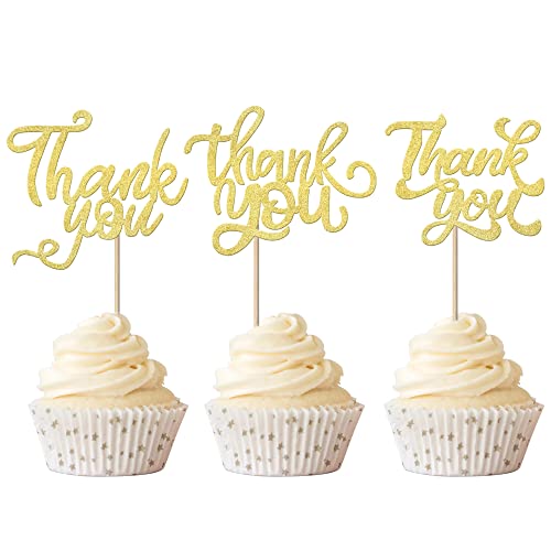 Rsstarxi 36 Stück Gold Glitter Thank You Cupcake Topper Thank You Cupcake Picks für Babyparty Geburtstag Jahrestag Erntedankfest Hochzeit Brautparty Dekoration Supplies von Rsstarxi