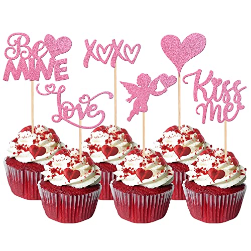 Rsstarxi 36 Stück Happy Valentine's Day Cupcake Topper Glitzer Amor Love Herz Lippe Kiss Me Cupcake Picks Be Mine Kuchendekorationen für Valentinstag Hochzeit Jahrestag Party Supplies Rosa von Rsstarxi