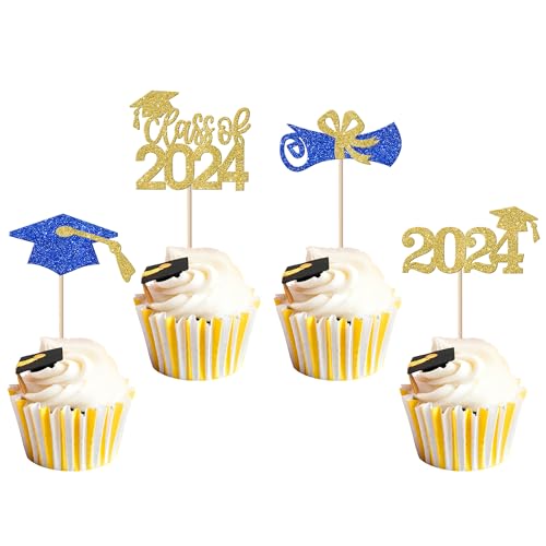 Rsstarxi 36 Stück Klasse 2023 Abschlussfeier Cupcake Topper Glitzer 2023 Abschlusskappe Diplom Cupcake Picks für 2023 Abschluss Thema Party Kuchen Dekorationen Gold Blau von Rsstarxi