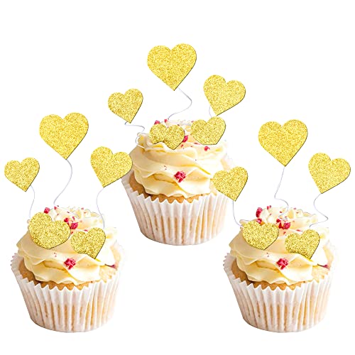 Rsstarxi 40 Stück Liebe Herz Cupcake Topper Glitzer Sweet Love Valentine Cupcake Picks Brautdusche Kuchen Dekorationen für Valentinstag Thema Hochzeit Jahrestag Party Supplies Gold von Rsstarxi