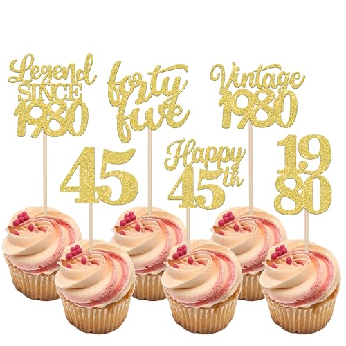 Rsstarxi 48 Stück Gold Glitter Vintage 1978 Cupcake Topper Legend Since 1978 Forty Five Cupcake Picks Happy 45th Number 45 Cupcake Topper für 45. Geburtstag Hochzeit Jahrestag Party Kuchen Dekorationen Zubehör von Rsstarxi