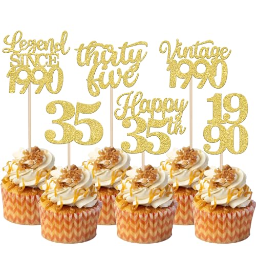 Rsstarxi 48 Stück Gold Glitter Vintage 1988 Cupcake Topper Legend Since 1988 Thirty Five Cupcake Picks Happy 35th Number 35 Cupcake Topper für 35. Geburtstag Hochzeit Jahrestag Party Kuchen Dekorationen Zubehör von Rsstarxi