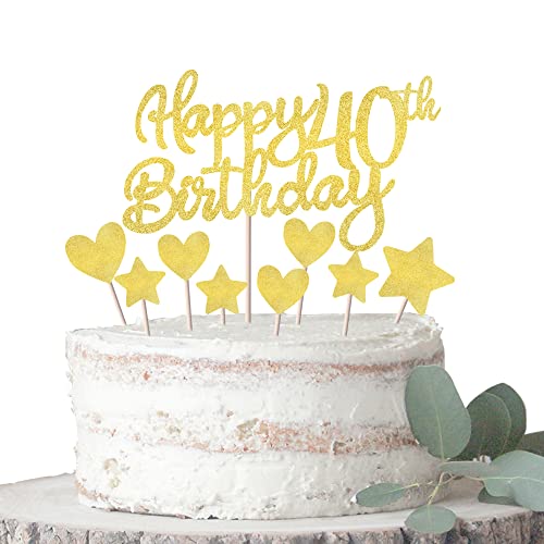 Rsstarxi 9 Stück Happy 40th Birthday Cake Topper mit Glitzer Herz Stern Cupcake Toppers Cheers to 40 Years Old Forty Birthday Cake Picks for Celebrating 40th Birthday Anniversary Party Cake Decorations Supplies Gold von Rsstarxi