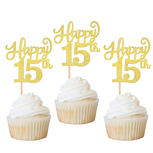 Rsstarxi Cupcake-Topper mit Glitzer-Aufschrift "Happy 15th", Fifteen Cheer to 15 Years old, Nummer 15, Birthday Cupcake-Picks für Happy 15th Birthday Anniversary Party Kuchen Dekorationen Supplies von Rsstarxi