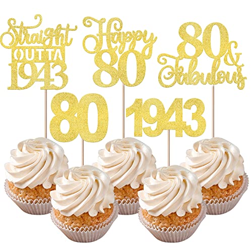 Rsstarxi Cupcake-Topper zum 80. Geburtstag, Eighty Straight Outta 1943, 80 Fabulous Happy 80 Cupcake-Picks, Cheers to 80 Years Birthday Anniversary Kuchendekorationen, 30 Stück von Rsstarxi