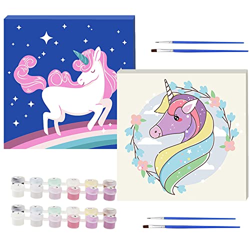 RtottiM 2 Stück Malen Nach Zahlen Kinder Einhorn 20 * 20 cm DIY Ölgemälde Paint by Numbers Malen Nach Zahlen ab 5 6 7 8 9 10+ Malen Nach Zahlen Anfänger Einhorn für Geschenk Jungen Mädchen Kinder von RtottiM