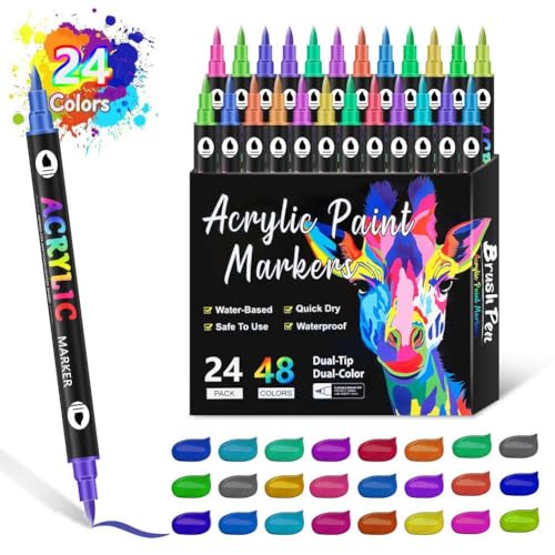 Rtyweth Farbmarker, 48 Farben, Acrylmarker, Doppelspitze, Farbstift für extra mittelfeine Acrylfarbe und Spitze, Stifte von Rtyweth