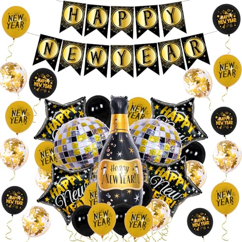 Schwarz Golden 2024 Folienballon Happy New Year Banner Bierflasche Latex Folienballon Weihnachtsdeko Für Home Party Neujahr Banner von Ruarby